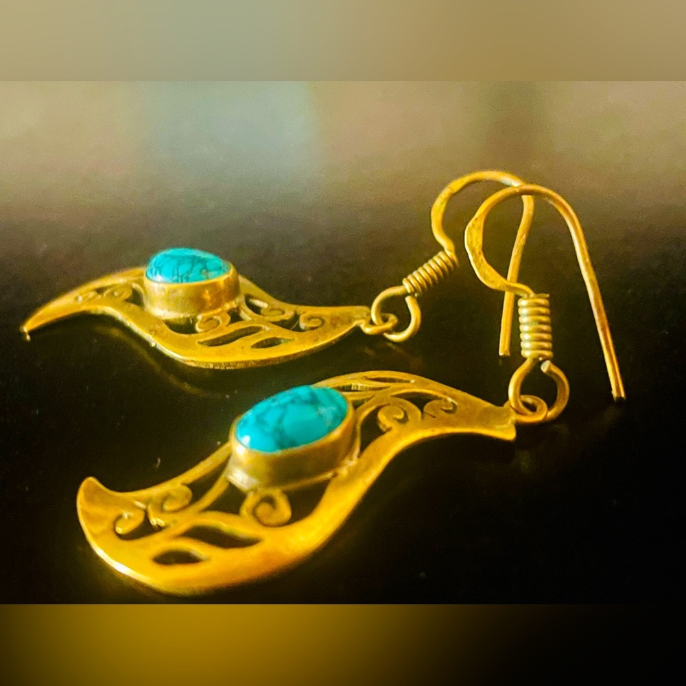 Vintage Boho Brass and Turquoise Earrings - Picture 5 of 15